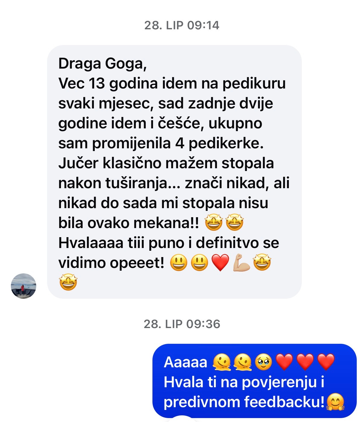 Testimonial poruka o rezultatu pedikure nakon 13 godina odlazaka na pedikura